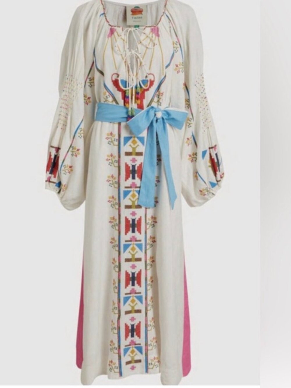 FARM Rio Macaw Embroidered Linen Caftan Midi Dress Size S Resort Vacation Boho - Picture 3 of 9